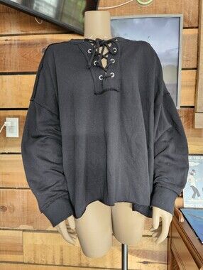 Aerie Black Lace-Up Pullover Sweatshirt XL Boxy Oversized Lounge Travel Raw Hem